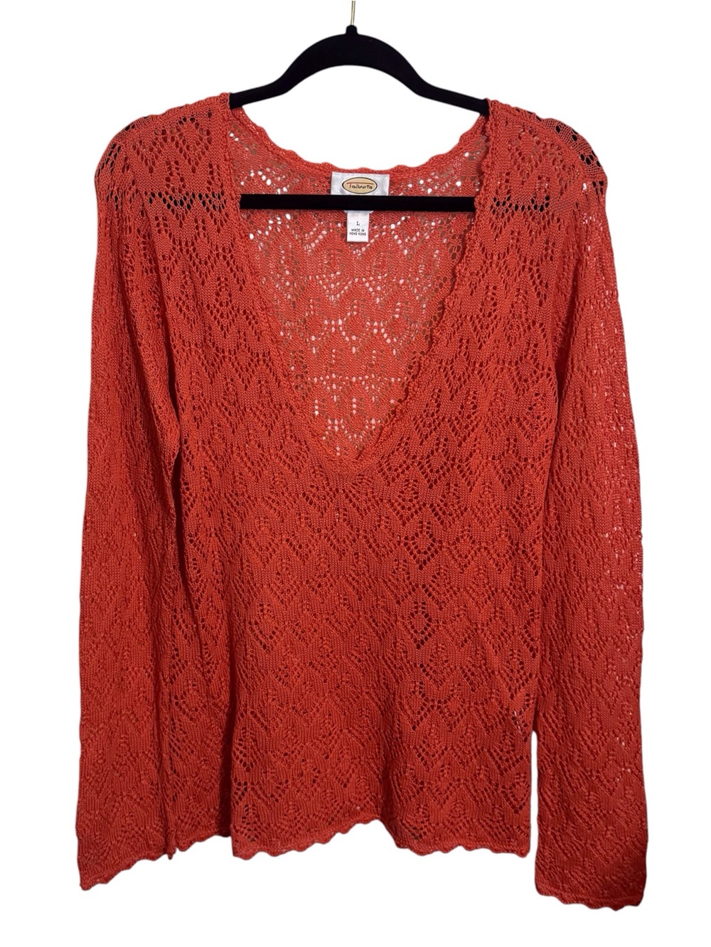 Talbots Vintage Size Large Orange Open Knit Sweater Cottagecore Boho Hippie